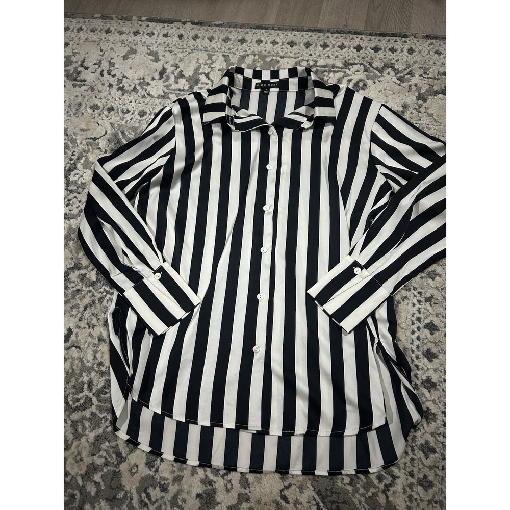 Miou Muse Women's Striped Button-Up Shirt Small Black And White Satin